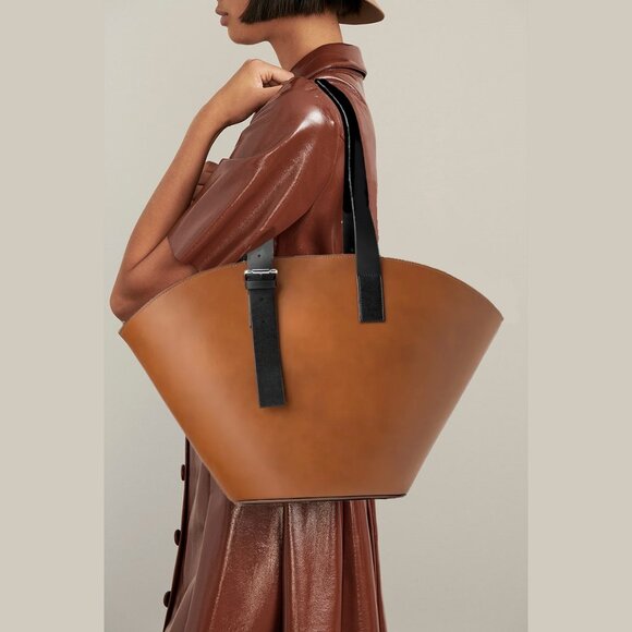 ZARA XXL Leather Bucket Tote Brown with Black Handles - Picture 2 of 16